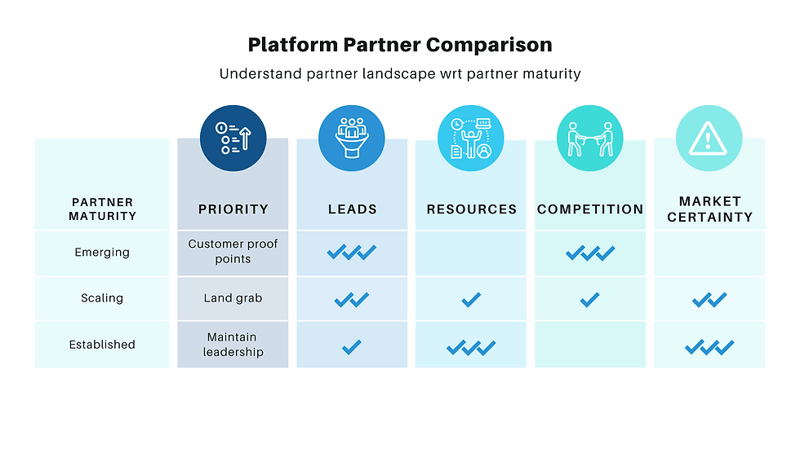 Table showing how maturity of the partner relates to their priorities, leads, resources, competition, and risk. Details are explained in the text.